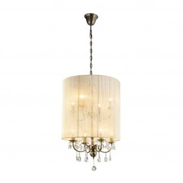 IL30069 Ella Pendant With Ivory Cream Shade 8 Light Antique Brass/Crystal