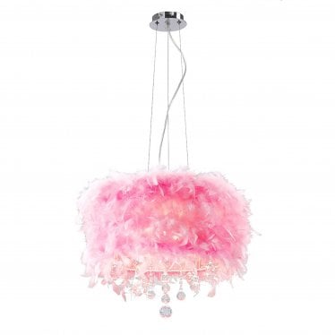 IL30742/PI Ibis Pendant With Pink Feather Shade 3 Light Polished Chrome/Crystal