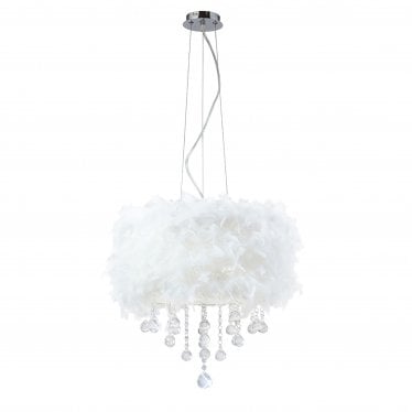 IL30742/WH Ibis Pendant With White Feather Shade 3 Light Polished Chrome/Crystal