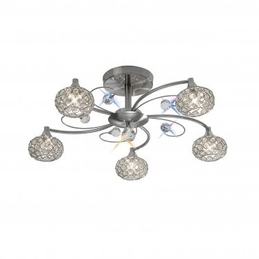 IL30935 Cara Semi Ceiling 5 Light Satin Nickel/Crystal