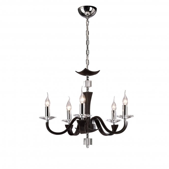 Diyas Diyas IL31045 Nardini Pendant 5 Light Polished Chrome/Dark Brown Faux Leather/Crystal