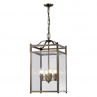 IL31113 Aston Pendant 4 Light Antique Brass/Glass