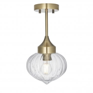 Addington Single Light Semi Flush -  Antique Brass Plate & Clear Ribbed Glass