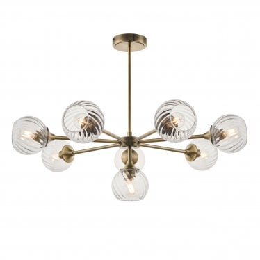 Allegra 8 Light Pendant - Antique Brass Plate & Clear Spiral Glass