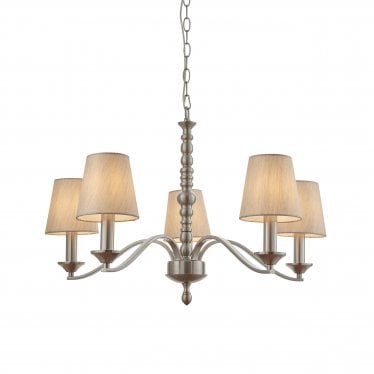 Astaire 5 Light Pendant - Satin Nickel Plate & Neutral Fabric