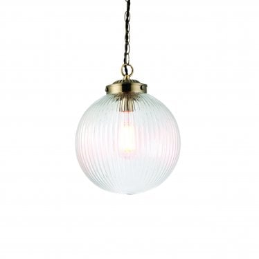 Brydon Single Light Pendant 250mm - Antique Brass Plate & Clear Ribbed Glass