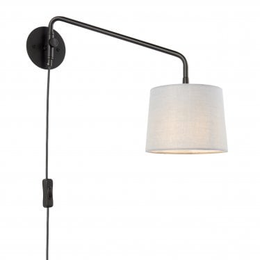 Carlson Single Light Wall Light Small - Matt Black & Light Grey & Silver Fabric