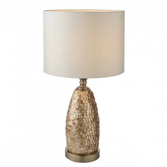 Endon Lighting Endon Lighting Dahlia Single Light Table Lamp - Capiz Detail, Antique Brass Plate & Ivory Fabric