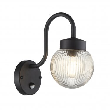 Eldon Single Wall Light with PIR - Textured Black & Clear Ribbed Glass