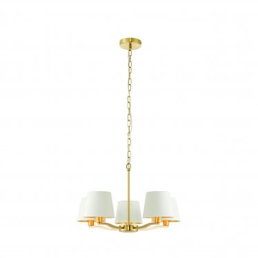 Harvey 5 Light Pendant - Brushed Gold & Vintage White Faux Silk