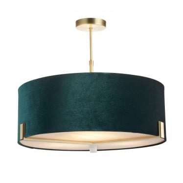 Hayfield 3 Light Pendant - Matt Antique Brass Plate & Green Velvet