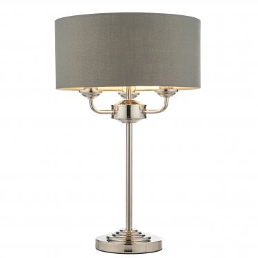 Highclere 3 Light Table Lamp - Bright Nickel & Charcoal Linen