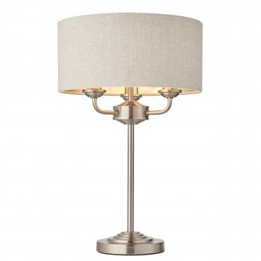 Highclere 3 Light Table Lamp - Brushed Chrome Plate & Neutral Linen