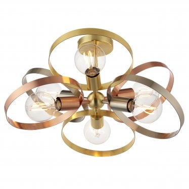 Hoop 6 Light Semi Flush Fitting - Satin Brass & Brushed Copper Plate