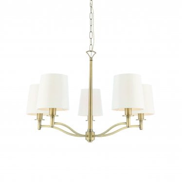 Ortona 5 Light Pendant  - Matt Antique Brass Plate & Vintage White Fabric