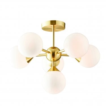 Oscar 6 Light Semi Flush Fitting - Satin Brass Plate & Gloss White Glass