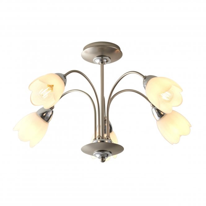 Endon Lighting Endon Lighting Petal 5 Light Semi Flush Fitting - Satin Chrome Plate & Matt Opal Glass