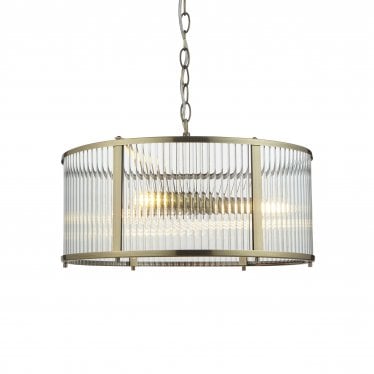 Ridgeton 3 Light Pendant - Antique Brass Plate & Clear Ribbed Glass