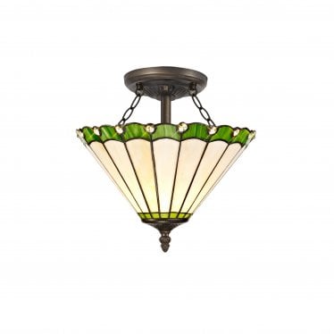 Amberley 2 Light Semi-Flush Light - 30cm Tiffany Shade - Green & Cream