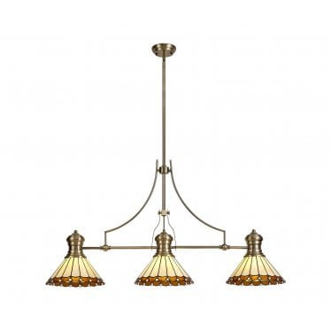 Amberley 3 Light Linear Pendant - 30cm Tiffany Shade - Antique Brass, Amber & Cream