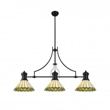 Amberley 3 Light Linear Pendant - 30cm Tiffany Shade - Matt Black, Green & Cream