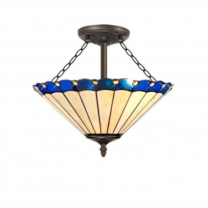 Fabula Fabula Amberley 3 Light Semi-Flush Light - 40cm Tiffany Shade - Blue & Cream