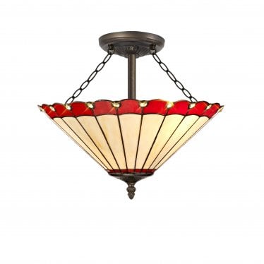 Amberley 3 Light Semi-Flush Light - 40cm Tiffany Shade - Red & Cream