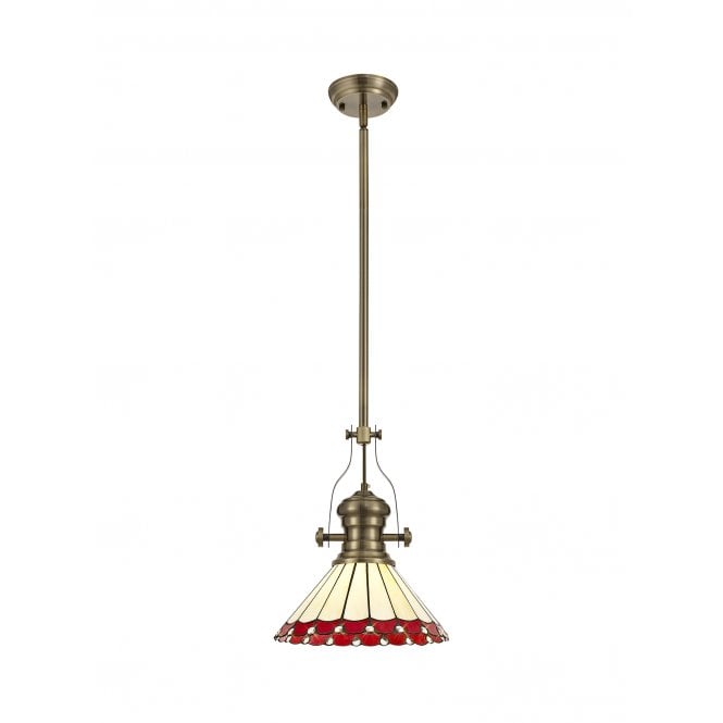 Fabula Fabula Amberley Single Pendant - 30cm Tiffany Shade - Antique Brass, Red & Cream