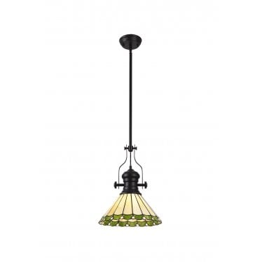 Amberley Single Pendant - 30cm Tiffany Shade - Matt Black, Green & Cream