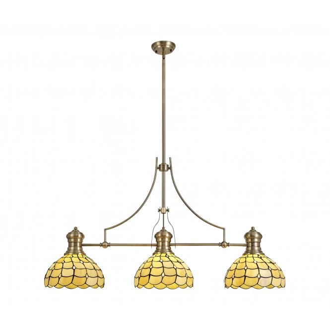 Fabula Fabula Crescent 3 Light Linear Pendant - 30cm Tiffany Shade - Antique Brass & Beige