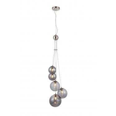 Deacon 5 Light Pendant - Satin Nickel & Smoke Plated Glass