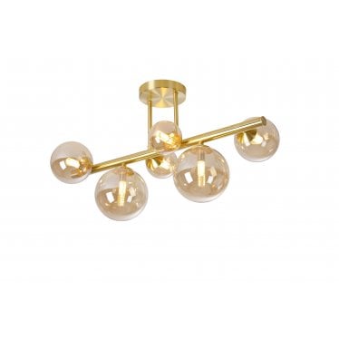 Deacon 6 Light Semi-Flush Light - Satin Gold & Amber Plated Glass