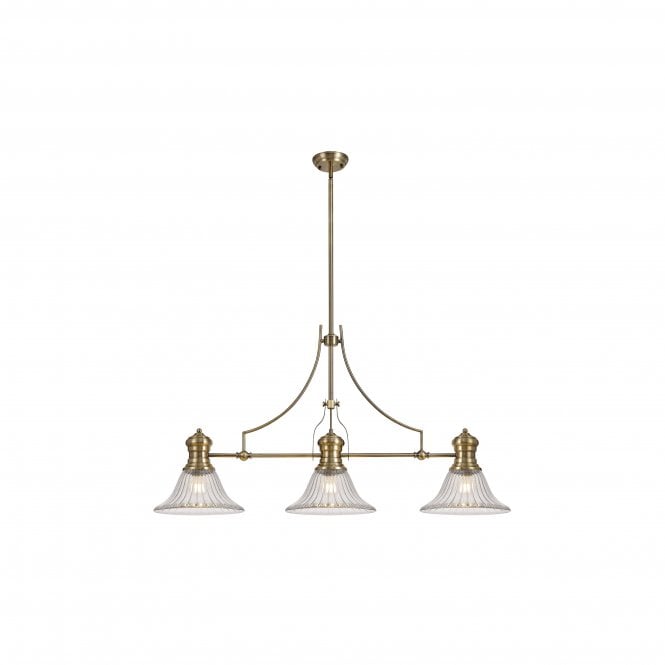 Fabula Fabula Epping 3 Light Linear Pendant - 30cm Bell Glass Shades - Antique Brass & Clear Glass