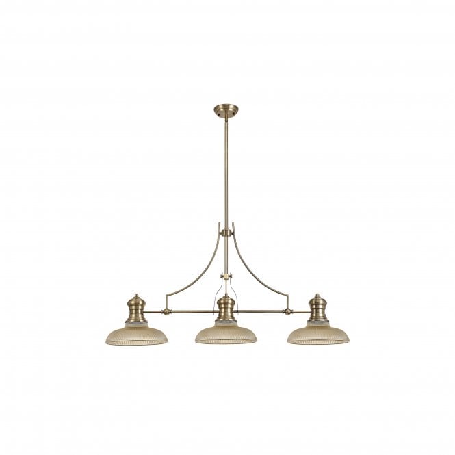 Fabula Fabula Epping 3 Light Linear Pendant - 30cm Round Glass Shades - Antique Brass, Amber Glass