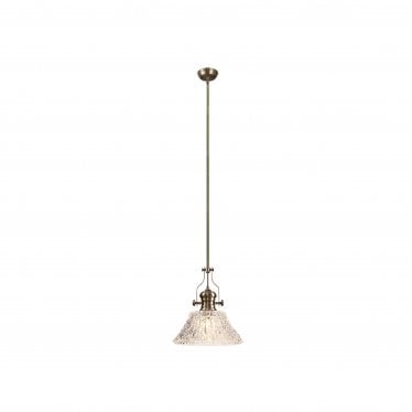 Epping Single Pendant - 38cm Patterned Round Glass Shade - Antique Brass & Clear Glass