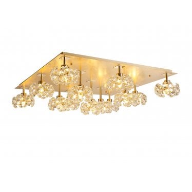 Grosvenor 13 Light Square Flush Light - French Gold Square & Crystal Glass