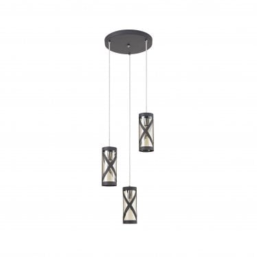 Leaden 3 Light Round Pendant - Matt Grey, Polished Chrome & Cognac Glass