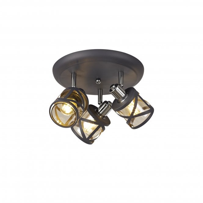 Fabula Fabula Leaden 3 Light Round Spotlight - Matt Grey, Polished Chrome & Cognac Glass