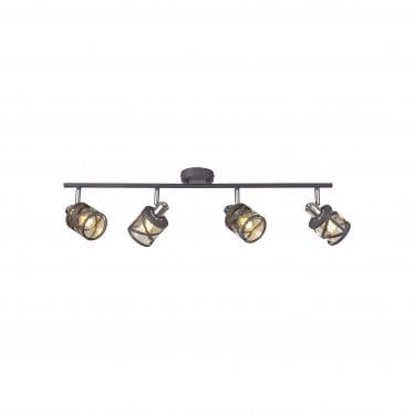 Leaden 4 Light Linear Bar Spotlight - Matt Grey, Polished Chrome & Cognac Glass