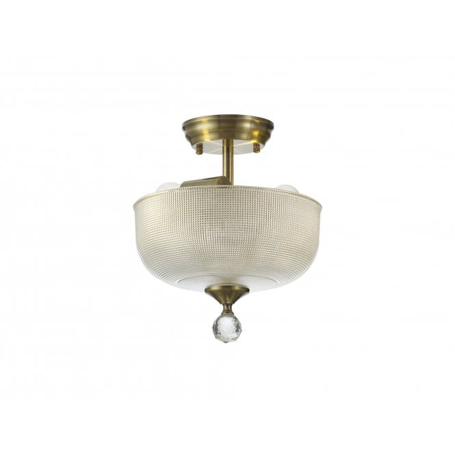 Fabula Fabula Mansfield 2 Light Semi-Flush Light - 26.5cm Round Prismatic Effect Glass Shade - Antique Brass & Clear Glass