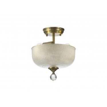 Mansfield 2 Light Semi-Flush Light - 26.5cm Round Prismatic Effect Glass Shade - Antique Brass & Clear Glass