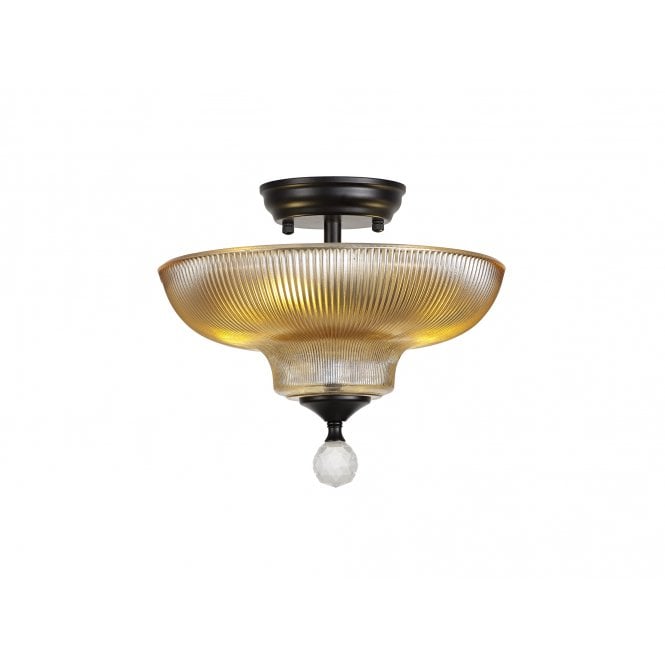 Fabula Fabula Mansfield 2 Light Semi-Flush Light - 30cm Round Glass Shade - Matt Black & Amber Glass