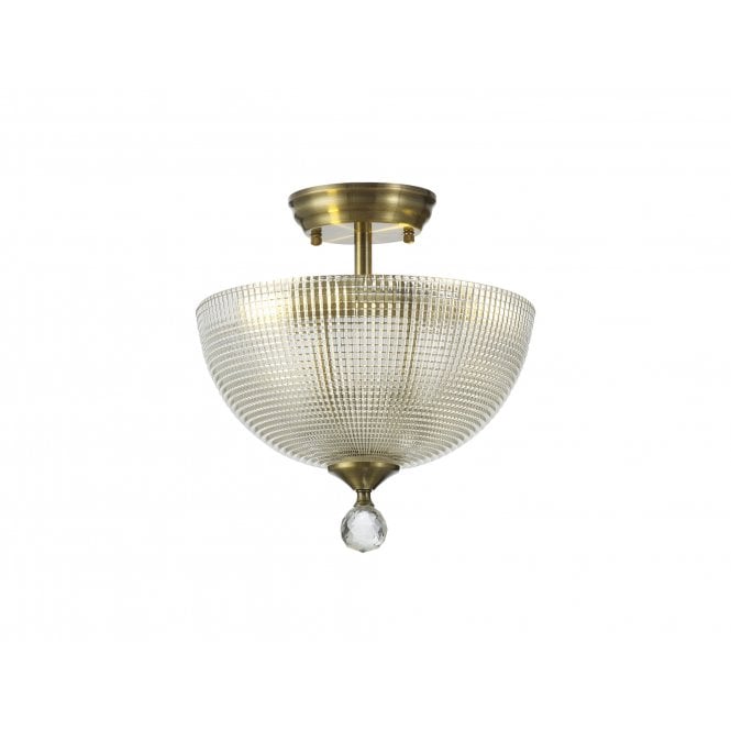 Fabula Fabula Mansfield 2 Light Semi-Flush Light - 30cm Round Prismatic Effect Glass Shade - Antique Brass & Clear Glass