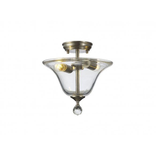 Fabula Fabula Mansfield 2 Light Semi-Flush Light - 30cm Smooth Bell Glass Shade - Satin Nickel & Clear Glass