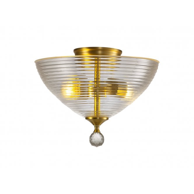 Fabula Fabula Mansfield 2 Light Semi-Flush Light - 33.5cm Round Prismatic Effect Glass Shade - Satin Gold & Clear Glass