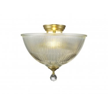 Mansfield 2 Light Semi-Flush Light - 38cm Dome Glass Shade - Satin Gold & Clear Glass