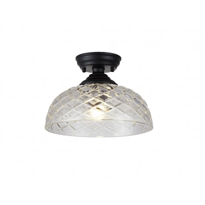 Fabula Fabula Mansfield Single Flush Light - 30cm Flat Round Patterned Glass Shade - Matt Black & Clear Glass