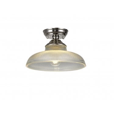 Mansfield Single Flush Light - 30cm Round Glass Shade - Polished Nickel & Clear Glass