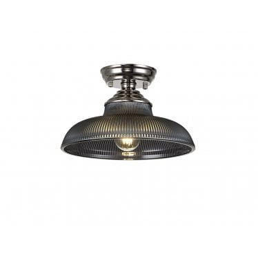 Mansfield Single Flush Light - 30cm Round Glass Shade - Polished Nickel & Smoked Glass