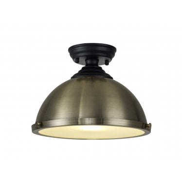 Mansfield Single Flush Light - 31cm Round Metal Shade - Matt Black & Antique Brass